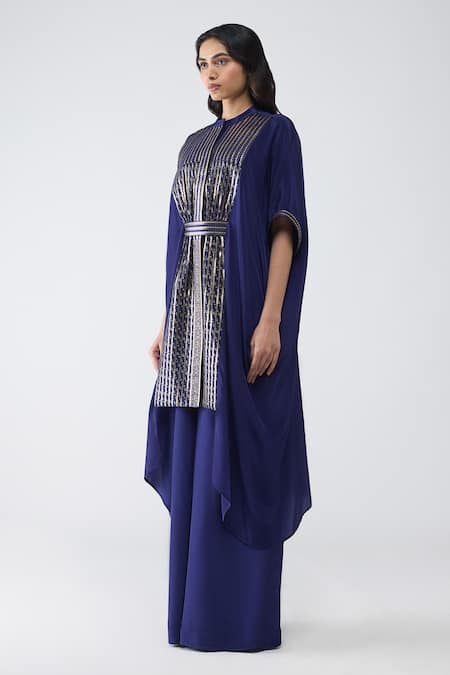 Amit Aggarwal Blue Crepe, Brocade Zari, Metallic Thread Banarasi Panelled Shirt And Pant Set Online at Aza Fashions Amit Aggarwal_Blue Crepe, Brocade Zari, Metallic Thread Banarasi Panelled Shirt And Pant Set _Online_at_Aza_Fashions