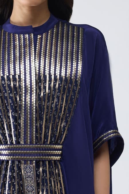 Shop Amit Aggarwal Blue Crepe, Brocade Zari, Metallic Thread Banarasi Panelled Shirt And Pant Set Online at Aza Fashions Shop_Amit Aggarwal_Blue Crepe, Brocade Zari, Metallic Thread Banarasi Panelled Shirt And Pant Set _Online_at_Aza_Fashions