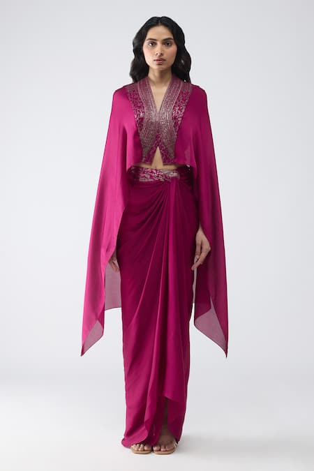 Amit Aggarwal Cropped Cape & Banarasi Draped Skirt Set 