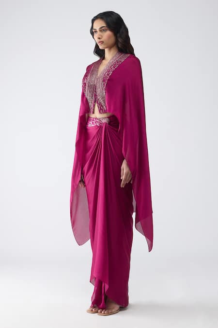 Amit Aggarwal Fuchsia Chiffon V-neck Cropped Cape And Banarasi Draped Skirt Set Online at Aza Fashions Amit Aggarwal_Fuchsia Chiffon V-neck Cropped Cape And Banarasi Draped Skirt Set _Online_at_Aza_Fashions