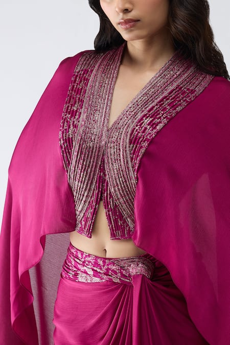 Buy Amit Aggarwal Fuchsia Chiffon V-neck Cropped Cape And Banarasi Draped Skirt Set Online at Aza Fashions Buy_Amit Aggarwal_Fuchsia Chiffon V-neck Cropped Cape And Banarasi Draped Skirt Set _Online_at_Aza_Fashions