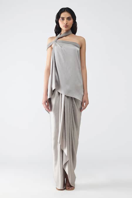 Amit Aggarwal Micro Pleated Halter Top & Draped Skirt Set 
