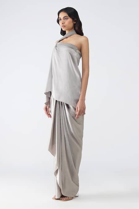 Amit Aggarwal Gray Satin, Chiffon, Polyester Halter Neck Micro Pleated Top And Draped Skirt Set Online at Aza Fashions Amit Aggarwal_Gray Satin, Chiffon, Polyester Halter Neck Micro Pleated Top And Draped Skirt Set _Online_at_Aza_Fashions
