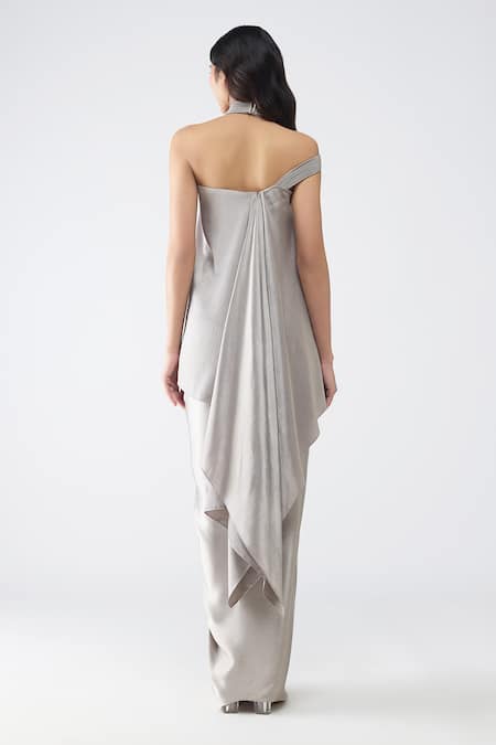Amit Aggarwal Micro Pleated Halter Top & Draped Skirt Set 