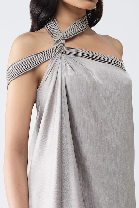 Buy Amit Aggarwal Gray Satin, Chiffon, Polyester Halter Neck Micro Pleated Top And Draped Skirt Set Online at Aza Fashions Buy_Amit Aggarwal_Gray Satin, Chiffon, Polyester Halter Neck Micro Pleated Top And Draped Skirt Set _Online_at_Aza_Fashions