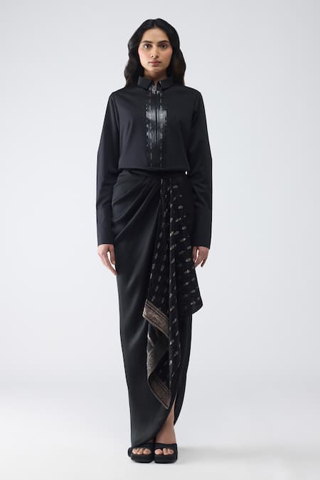 Amit Aggarwal Metallic Shirt With Banarasi Skirt 