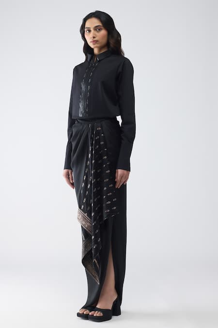 Amit Aggarwal_Black Cotton Satin, Chiffon, Brocade Sequins, Metallic Shirt With Banarasi Skirt _Online_at_Aza_Fashions