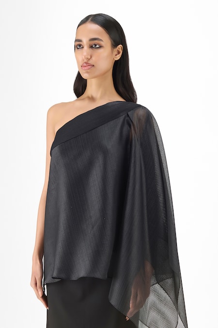 Buy_Amit Aggarwal_Black Organza, Polyester One Shoulder Metallic Micro Pleated Draped Top _Online_at_Aza_Fashions