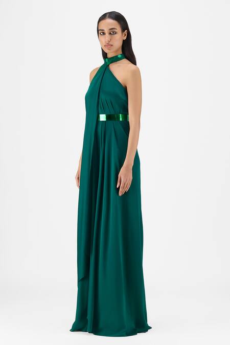 Amit Aggarwal Emerald Green Chiffon, Polyester Halter Neck Metallic Fluid Dress Online at Aza Fashions Amit Aggarwal_Emerald Green Chiffon, Polyester Halter Neck Metallic Fluid Dress _Online_at_Aza_Fashions