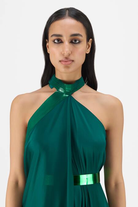 Buy Amit Aggarwal Emerald Green Chiffon, Polyester Halter Neck Metallic Fluid Dress Online at Aza Fashions Buy_Amit Aggarwal_Emerald Green Chiffon, Polyester Halter Neck Metallic Fluid Dress _Online_at_Aza_Fashions