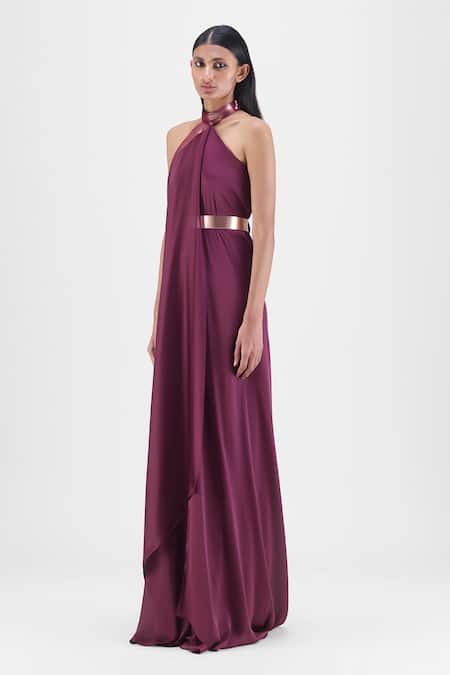 Amit Aggarwal Purple Chiffon, Polyester Halter Neck Metallic Fluid Dress Online at Aza Fashions Amit Aggarwal_Purple Chiffon, Polyester Halter Neck Metallic Fluid Dress _Online_at_Aza_Fashions