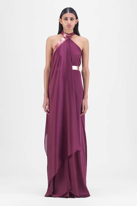 Amit Aggarwal Metallic Halter Neck Fluid Dress 