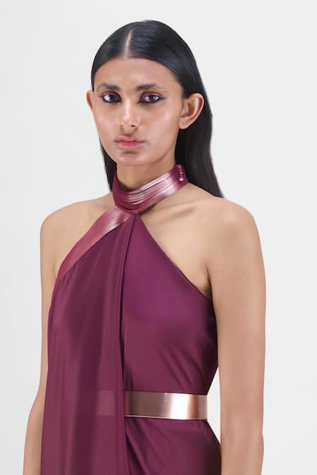 Buy Amit Aggarwal Purple Chiffon, Polyester Halter Neck Metallic Fluid Dress Online at Aza Fashions Buy_Amit Aggarwal_Purple Chiffon, Polyester Halter Neck Metallic Fluid Dress _Online_at_Aza_Fashions