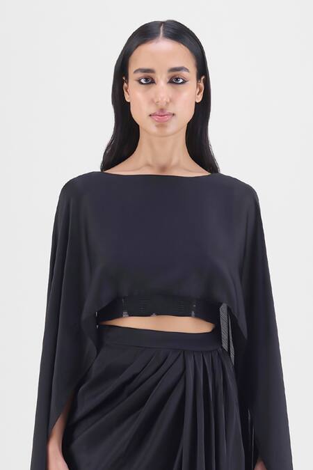 Amit Aggarwal_Black Chiffon, Polyester Boat Neck Metallic Fluid Cape And Skirt Set _Online_at_Aza_Fashions