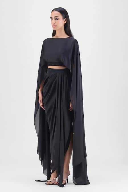 Buy_Amit Aggarwal_Black Chiffon, Polyester Boat Neck Metallic Fluid Cape And Skirt Set _Online_at_Aza_Fashions