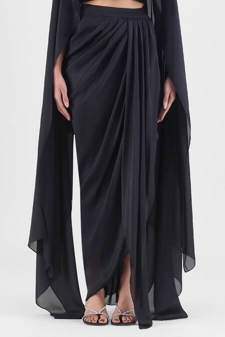Shop_Amit Aggarwal_Black Chiffon, Polyester Boat Neck Metallic Fluid Cape And Skirt Set _Online_at_Aza_Fashions