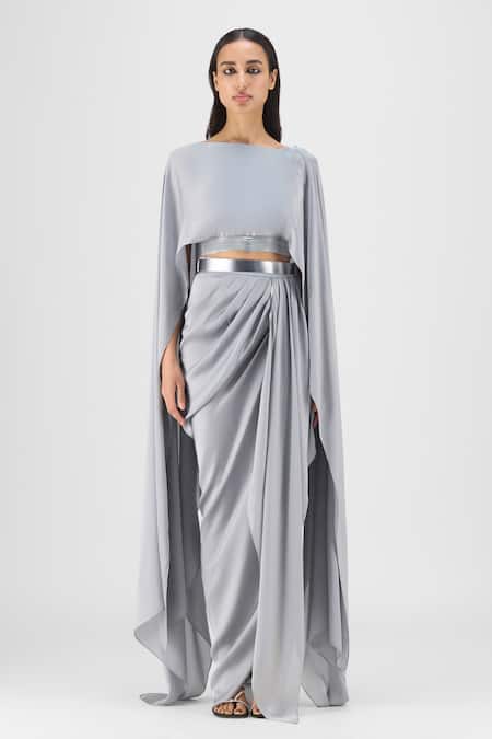 Amit Aggarwal Metallic Fluid Cape & Skirt Set 