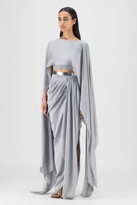 Amit Aggarwal Gray Chiffon, Polyester Boat Neck Metallic Fluid Cape And Skirt Set Online at Aza Fashions Amit Aggarwal_Gray Chiffon, Polyester Boat Neck Metallic Fluid Cape And Skirt Set _Online_at_Aza_Fashions