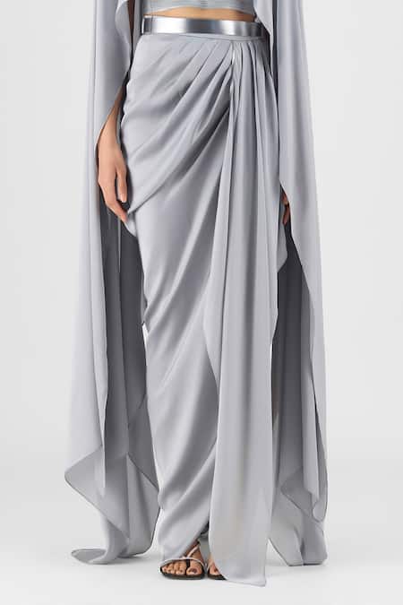 Buy Amit Aggarwal Gray Chiffon, Polyester Boat Neck Metallic Fluid Cape And Skirt Set Online at Aza Fashions Buy_Amit Aggarwal_Gray Chiffon, Polyester Boat Neck Metallic Fluid Cape And Skirt Set _Online_at_Aza_Fashions