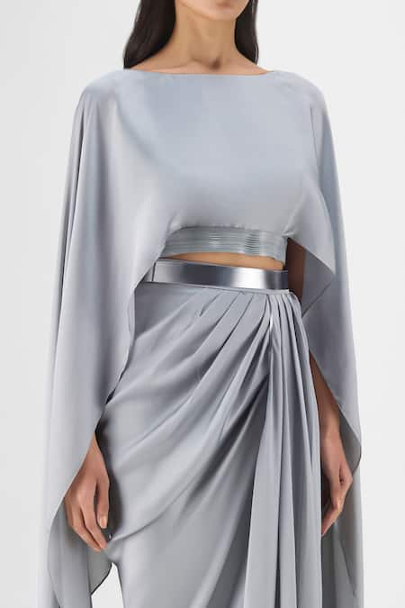 Shop Amit Aggarwal Gray Chiffon, Polyester Boat Neck Metallic Fluid Cape And Skirt Set Online at Aza Fashions Shop_Amit Aggarwal_Gray Chiffon, Polyester Boat Neck Metallic Fluid Cape And Skirt Set _Online_at_Aza_Fashions