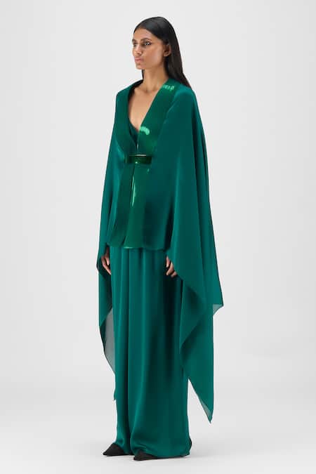 Amit Aggarwal Emerald Green Chiffon V-neck Metallic Structured Cape And Pant Set Online at Aza Fashions Amit Aggarwal_Emerald Green Chiffon V-neck Metallic Structured Cape And Pant Set _Online_at_Aza_Fashions