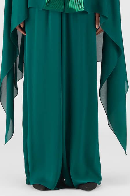 Buy Amit Aggarwal Emerald Green Chiffon V-neck Metallic Structured Cape And Pant Set Online at Aza Fashions Buy_Amit Aggarwal_Emerald Green Chiffon V-neck Metallic Structured Cape And Pant Set _Online_at_Aza_Fashions