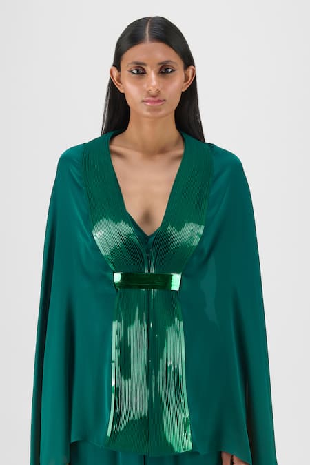 Shop Amit Aggarwal Emerald Green Chiffon V-neck Metallic Structured Cape And Pant Set Online at Aza Fashions Shop_Amit Aggarwal_Emerald Green Chiffon V-neck Metallic Structured Cape And Pant Set _Online_at_Aza_Fashions