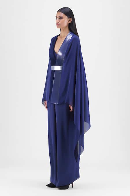 Amit Aggarwal Blue Chiffon, Polyester V-neck Metallic Structured Cape And Pant Set Online at Aza Fashions Amit Aggarwal_Blue Chiffon, Polyester V-neck Metallic Structured Cape And Pant Set _Online_at_Aza_Fashions