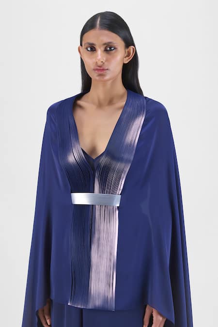 Shop Amit Aggarwal Blue Chiffon, Polyester V-neck Metallic Structured Cape And Pant Set Online at Aza Fashions Shop_Amit Aggarwal_Blue Chiffon, Polyester V-neck Metallic Structured Cape And Pant Set _Online_at_Aza_Fashions