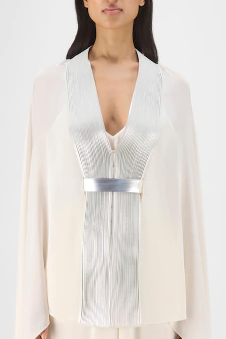 Amit Aggarwal Cream Chiffon, Polyester V-neck Metallic Structured Cape And Pant Set Online at Aza Fashions Amit Aggarwal_Cream Chiffon, Polyester V-neck Metallic Structured Cape And Pant Set _Online_at_Aza_Fashions