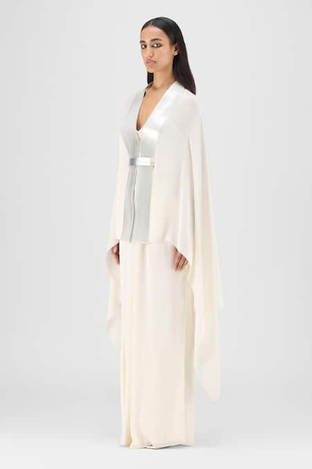 Buy Amit Aggarwal Cream Chiffon, Polyester V-neck Metallic Structured Cape And Pant Set Online at Aza Fashions Buy_Amit Aggarwal_Cream Chiffon, Polyester V-neck Metallic Structured Cape And Pant Set _Online_at_Aza_Fashions