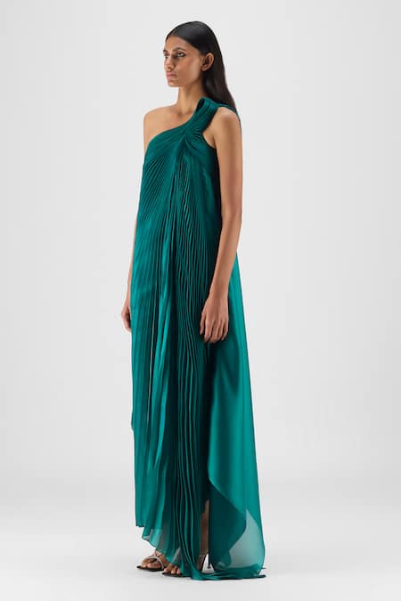 Buy_Amit Aggarwal_Emerald Green Organza, Polyester Halter Neck Pleated Fluid Dress _Online_at_Aza_Fashions