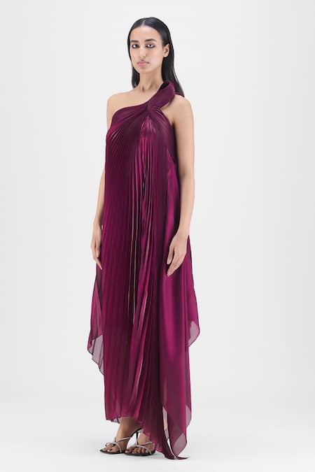 Amit Aggarwal Purple Organza, Polyester One Shoulder Pleated Fluid Dress Online at Aza Fashions Amit Aggarwal_Purple Organza, Polyester One Shoulder Pleated Fluid Dress _Online_at_Aza_Fashions
