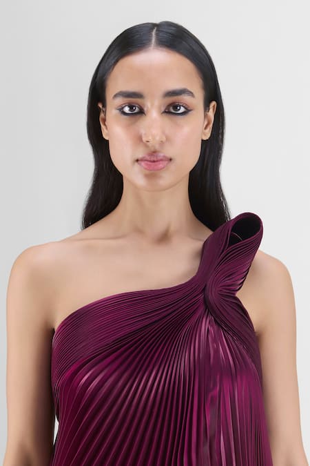 Buy Amit Aggarwal Purple Organza, Polyester One Shoulder Pleated Fluid Dress Online at Aza Fashions Buy_Amit Aggarwal_Purple Organza, Polyester One Shoulder Pleated Fluid Dress _Online_at_Aza_Fashions