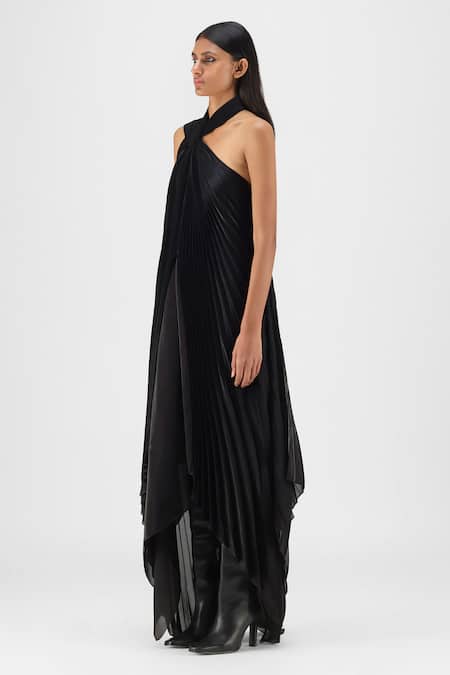 Amit Aggarwal Black Organza, Polyester Halter Neck Pleated Fluid Dress Online at Aza Fashions Amit Aggarwal_Black Organza, Polyester Halter Neck Pleated Fluid Dress _Online_at_Aza_Fashions