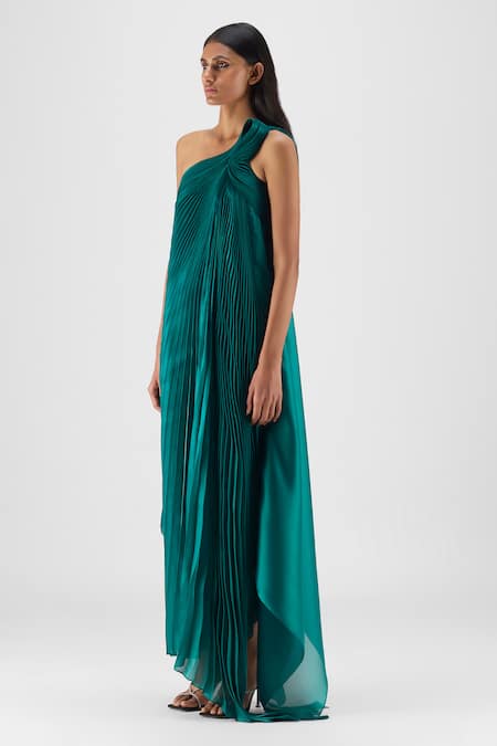 Amit Aggarwal Emerald Green Organza, Polyester Halter Neck, One Shoulder Pleated Fluid Dress Online at Aza Fashions Amit Aggarwal_Emerald Green Organza, Polyester Halter Neck, One Shoulder Pleated Fluid Dress _Online_at_Aza_Fashions