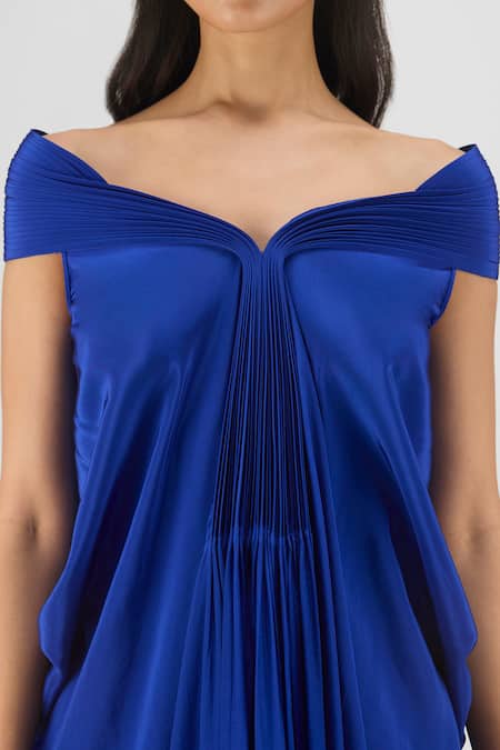Amit Aggarwal Blue Crepe, Viscose Cowl Neck, Off-shoulder Pleated Dress Online at Aza Fashions Amit Aggarwal_Blue Crepe, Viscose Cowl Neck, Off-shoulder Pleated Dress _Online_at_Aza_Fashions