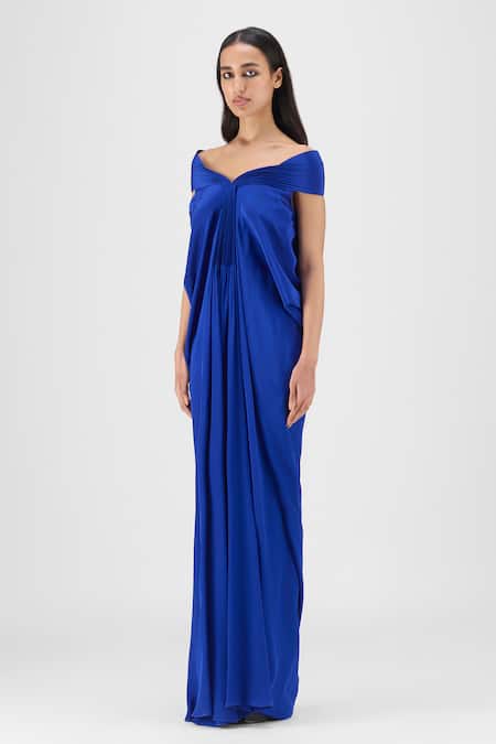 Buy Amit Aggarwal Blue Crepe, Viscose Cowl Neck, Off-shoulder Pleated Dress Online at Aza Fashions Buy_Amit Aggarwal_Blue Crepe, Viscose Cowl Neck, Off-shoulder Pleated Dress _Online_at_Aza_Fashions
