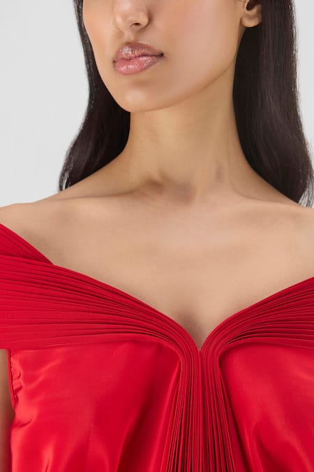 Amit Aggarwal Red Crepe, Viscose Off-shoulder, V-neck Pleated Cowl Dress Online at Aza Fashions Amit Aggarwal_Red Crepe, Viscose Off-shoulder, V-neck Pleated Cowl Dress _Online_at_Aza_Fashions