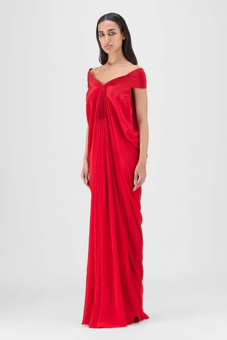 Buy Amit Aggarwal Red Crepe, Viscose Off-shoulder, V-neck Pleated Cowl Dress Online at Aza Fashions Buy_Amit Aggarwal_Red Crepe, Viscose Off-shoulder, V-neck Pleated Cowl Dress _Online_at_Aza_Fashions