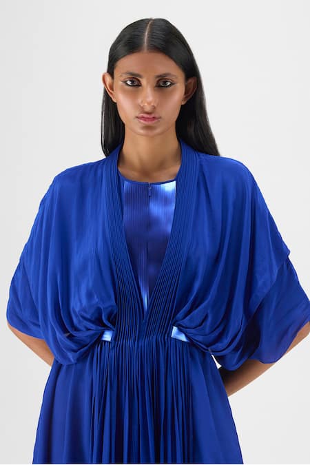 Buy Amit Aggarwal Blue Crepe, Viscose Round Neck Pleated Layered Dress Online at Aza Fashions Buy_Amit Aggarwal_Blue Crepe, Viscose Round Neck Pleated Layered Dress _Online_at_Aza_Fashions