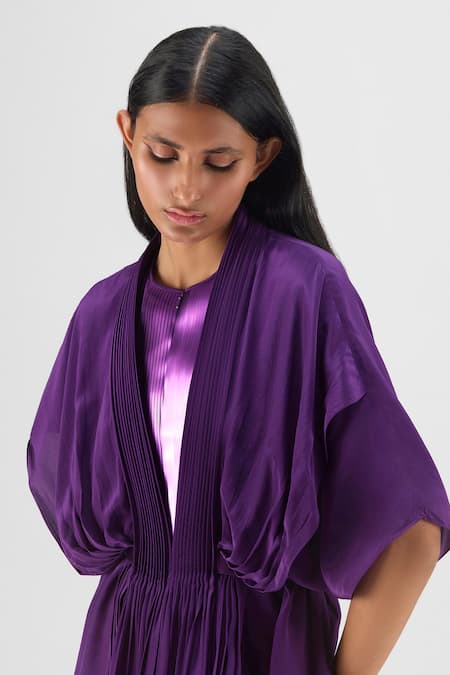 Amit Aggarwal_Purple Crepe, Viscose V-neck Pleated Layered Dress _Online_at_Aza_Fashions