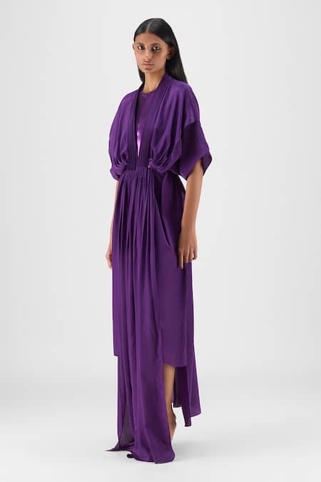 Buy_Amit Aggarwal_Purple Crepe, Viscose V-neck Pleated Layered Dress _Online_at_Aza_Fashions
