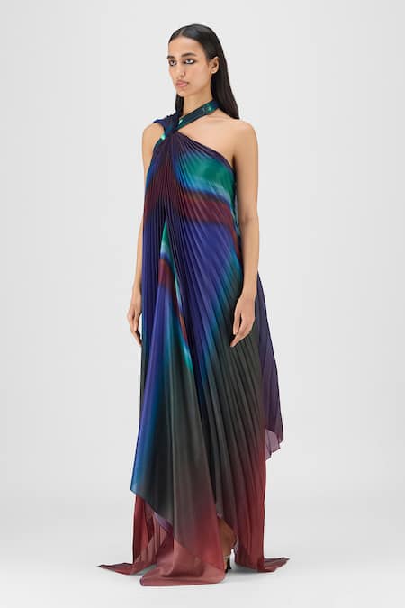 Amit Aggarwal_Multi Color Organza, Polyester Halter Neck Metallic Watercolor Fluid Dress _Online_at_Aza_Fashions