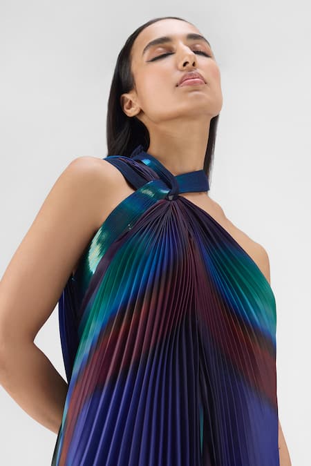 Buy_Amit Aggarwal_Multi Color Organza, Polyester Halter Neck Metallic Watercolor Fluid Dress _Online_at_Aza_Fashions