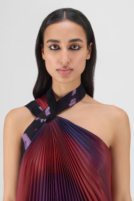 Amit Aggarwal_Red Organza, Polyester Halter Neck Metallic Watercolor Fluid Dress _Online_at_Aza_Fashions