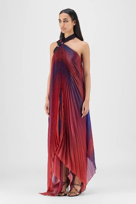 Buy_Amit Aggarwal_Red Organza, Polyester Halter Neck Metallic Watercolor Fluid Dress _Online_at_Aza_Fashions