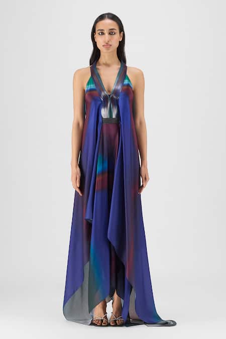 Amit Aggarwal Pleated Watercolor Fluid Dress 
