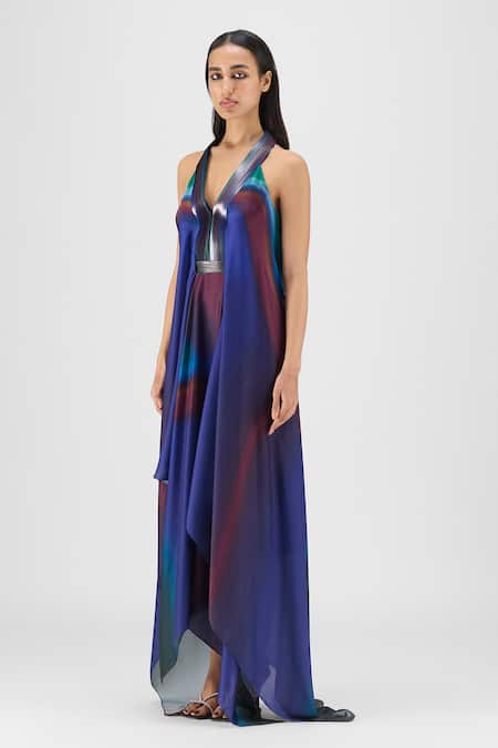 Amit Aggarwal Multi Color Chiffon, Polyester Halter Neck, Pleated Watercolor Fluid Dress Online at Aza Fashions Amit Aggarwal_Multi Color Chiffon, Polyester Halter Neck, Pleated Watercolor Fluid Dress _Online_at_Aza_Fashions