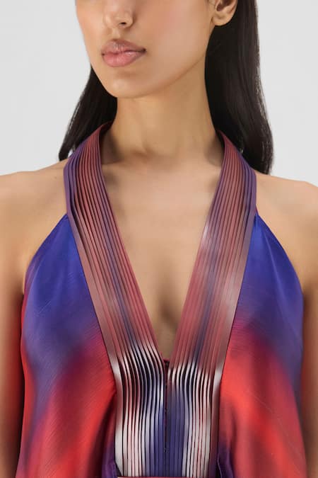 Amit Aggarwal_Red Chiffon Halter Neck, Pleated Watercolor Fluid Dress _Online_at_Aza_Fashions
